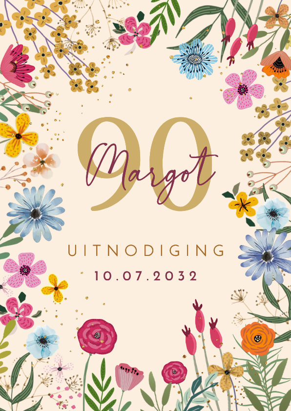 Uitnodigingen - Uitnodiging 90 jarige verjaardag met bloemen