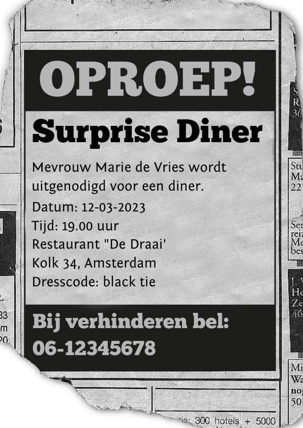 uitnodiging - advertentie Surprise Diner - Uitnodigingen Uitnodigingen - uitnodiging - advertentie Surprise Diner