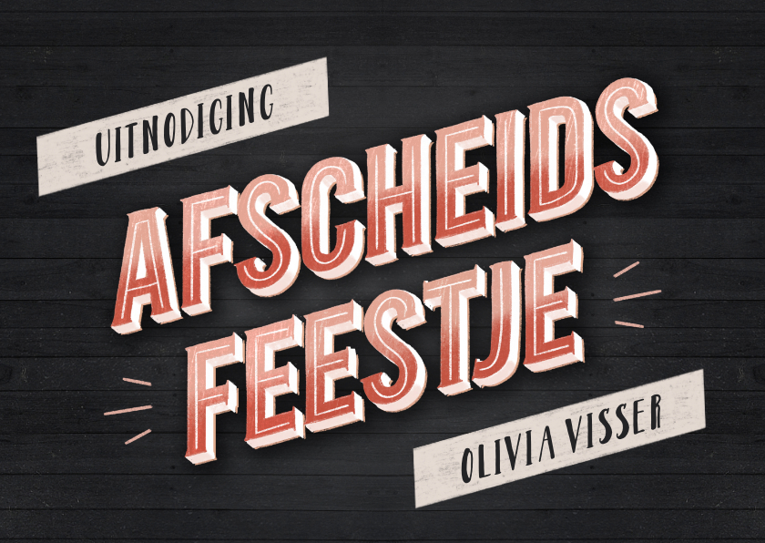 Uitnodigingen - Uitnodiging afscheidsfeestje hout en vintage typografie