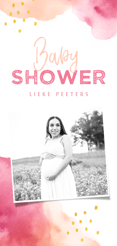 Uitnodiging babyshower meisje met waterverf en eigen foto - Uitnodigingen Uitnodigingen - Uitnodiging babyshower meisje met waterverf en eigen foto