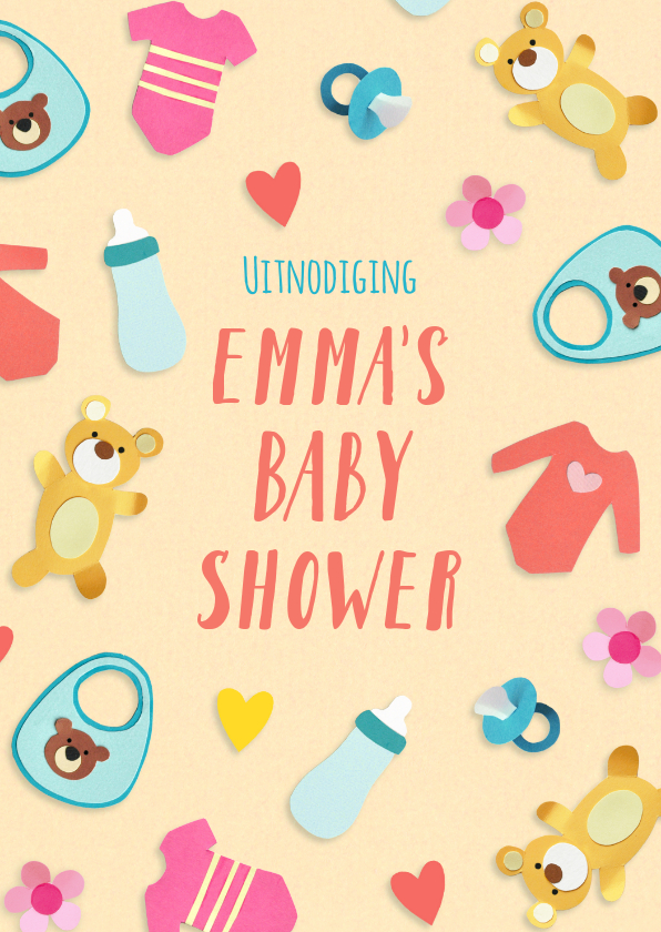 Uitnodiging babyshower met baby spulletjes - Uitnodigingen Uitnodigingen - Uitnodiging babyshower met baby spulletjes