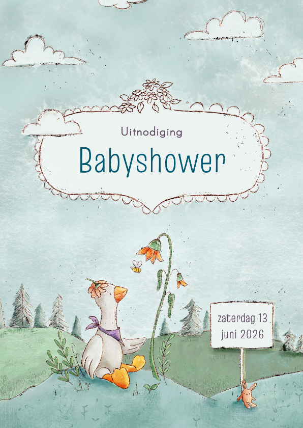Uitnodigingen - Uitnodiging babyshower met eendje en konijntje