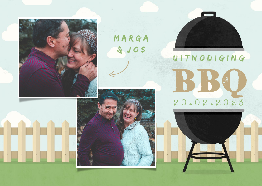 Uitnodiging BBQ met foto's, barbecue, hekje en wolken - Uitnodigingen Uitnodigingen - Uitnodiging BBQ met foto's, barbecue, hekje en wolken