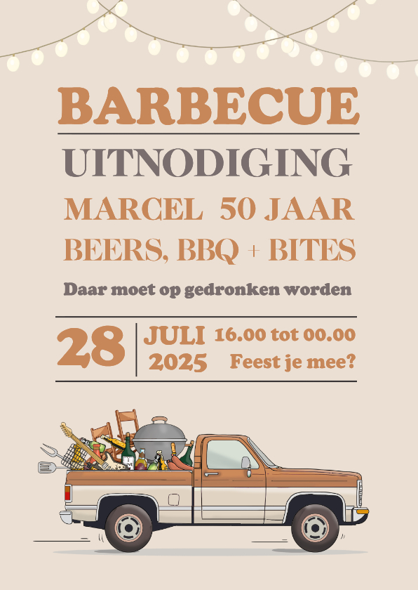 Uitnodiging BBQ met pickup truck retro bruin - Uitnodigingen Uitnodigingen - Uitnodiging BBQ met pickup truck retro bruin