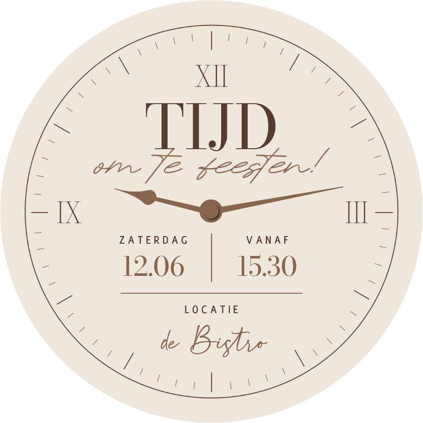 Uitnodiging beige tijd om te feesten klok stijlvol cirkel - Uitnodigingen Uitnodigingen - Uitnodiging beige tijd om te feesten klok stijlvol cirkel