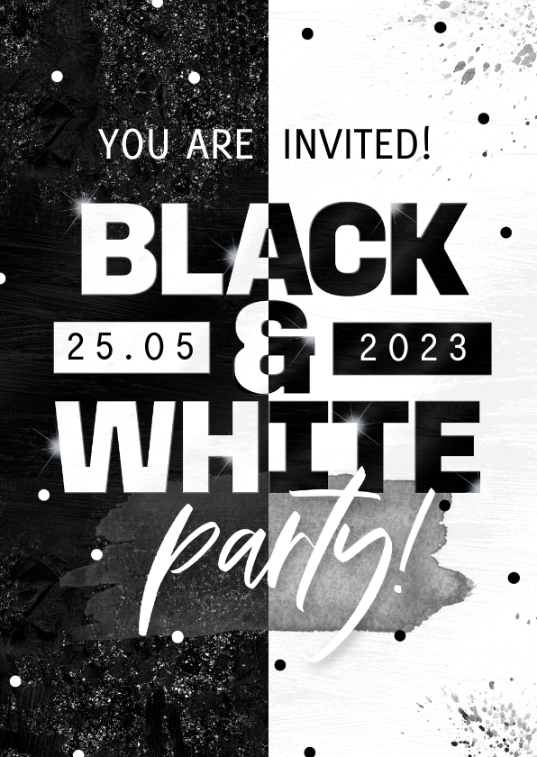 Uitnodigingen - Uitnodiging Black & White party modern verf glitters