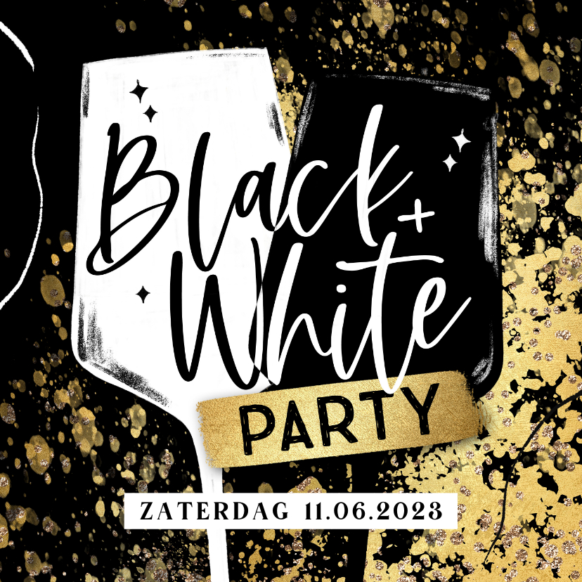 Uitnodigingen - Uitnodiging Black&White party wijnglazen goudlook spetters