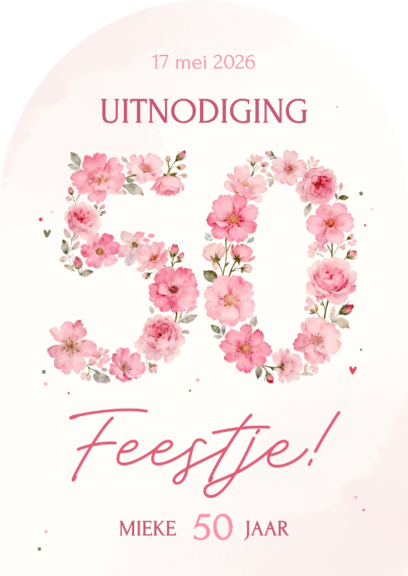 Uitnodigingen - Uitnodiging boogvorm 50 jaar in roze bloemen verjaardag