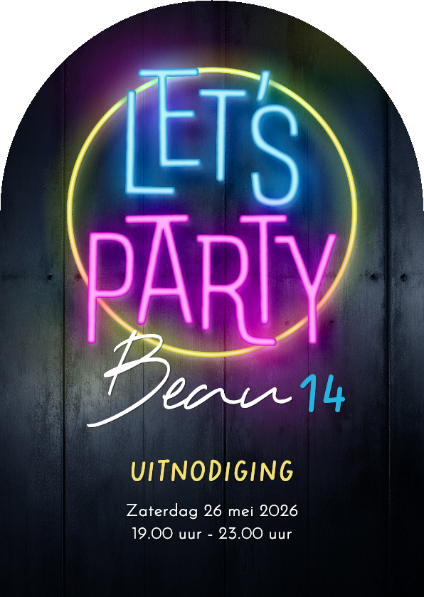 Uitnodigingen - Uitnodiging boogvorm 80's neon sign feestje party