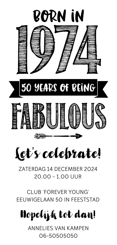 Uitnodigingen - Uitnodiging born in 1974 - 50 years of being fabulous