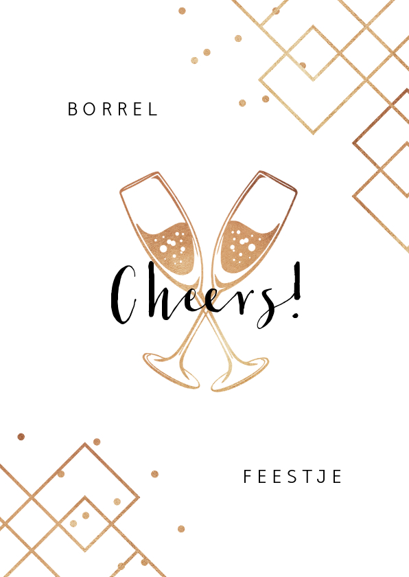 Uitnodigingen - Uitnodiging borrel feestje champagne cheers goud confetti