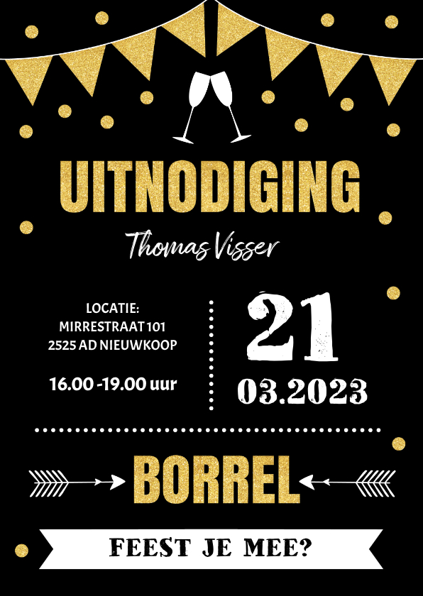 Uitnodiging borrel typografie slinger goudlook confetti - Uitnodigingen Uitnodigingen - Uitnodiging borrel typografie slinger goudlook confetti