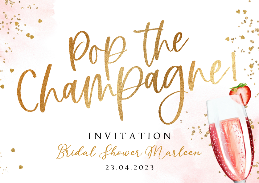 Uitnodigingen - Uitnodiging Bridal Shower watercolour pink champagne goud