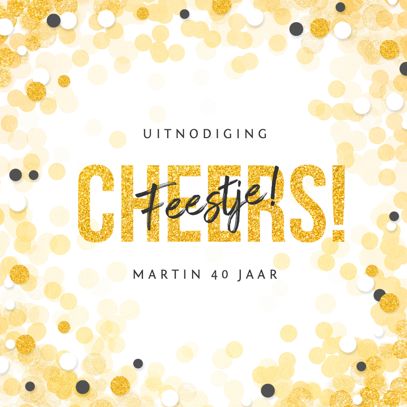 Uitnodigingen - Uitnodiging cheers goud feestje modern confetti