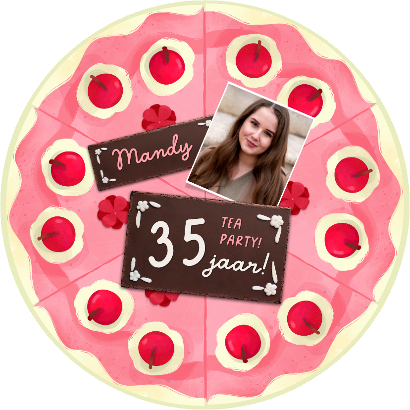 Uitnodiging cirkel kaart taart roze kersen high tea - Uitnodigingen Uitnodigingen - Uitnodiging cirkel kaart taart roze kersen high tea