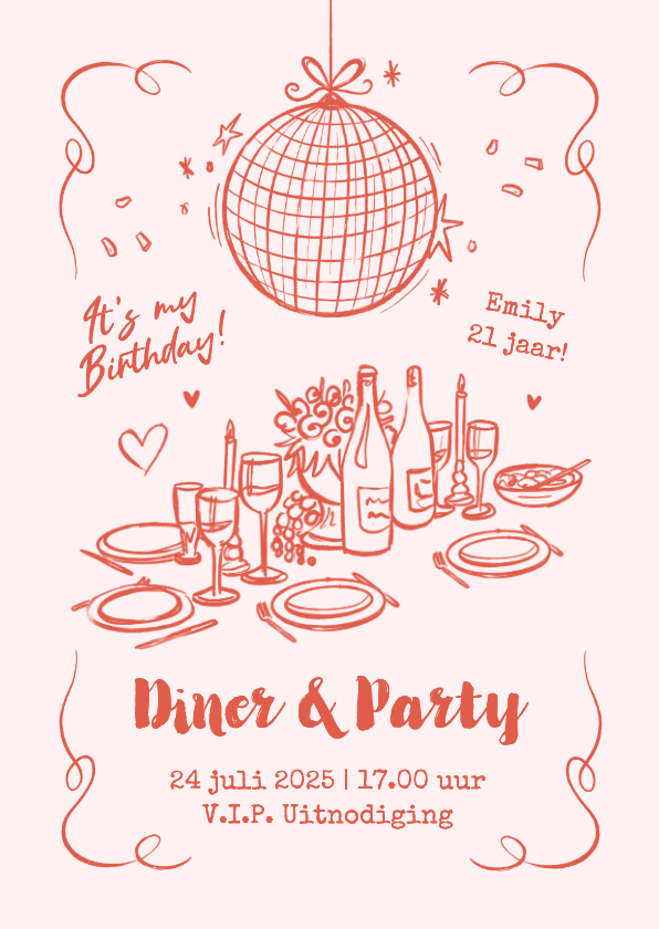 Uitnodigingen - Uitnodiging diner party etentje doodle roze hip