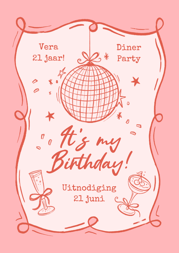 Uitnodiging diner party roze disco doodle cocktails - Uitnodigingen Uitnodigingen - Uitnodiging diner party roze disco doodle cocktails