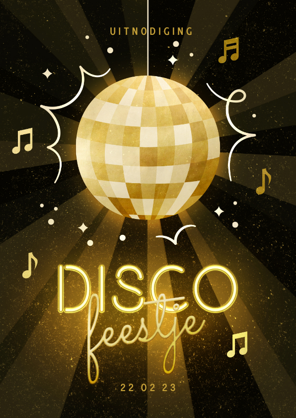 Uitnodigingen - Uitnodiging discofeestje met discobal en neon tekst