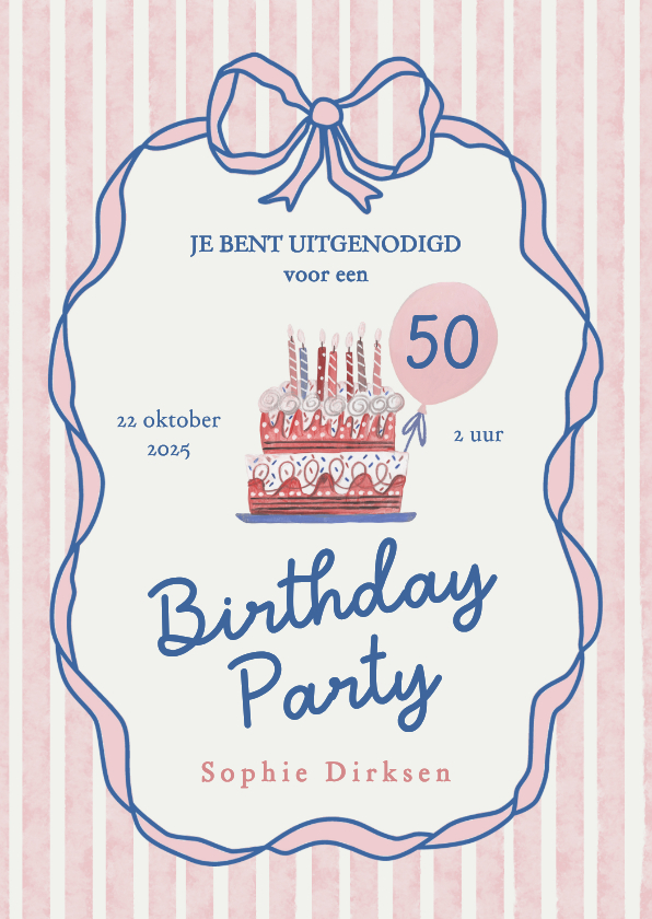 Uitnodigingen - Uitnodiging doodle strik en taart met strepen