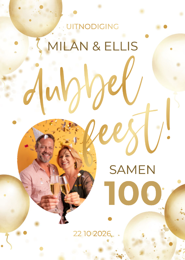 Uitnodiging dubbel feest feestelijk gouden ballonnen - Uitnodigingen Uitnodigingen - Uitnodiging dubbel feest feestelijk gouden ballonnen