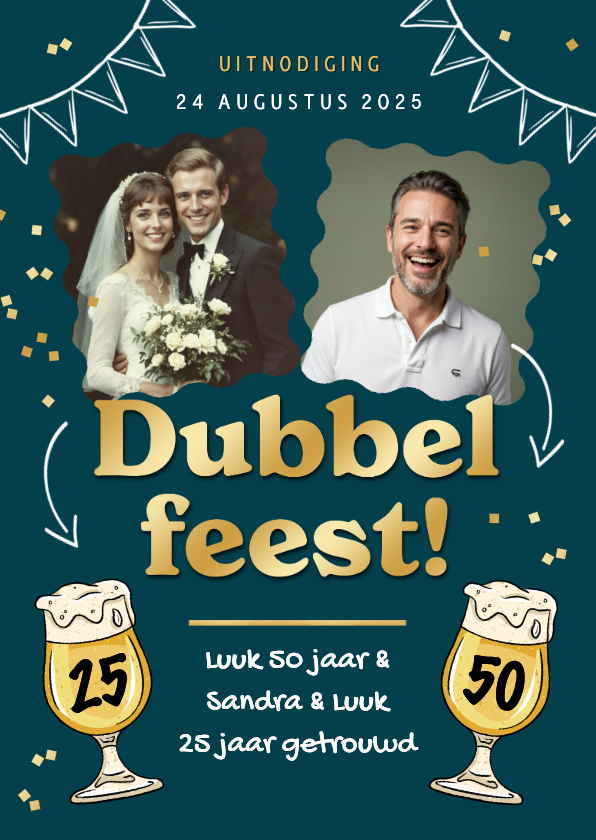 Uitnodigingen - Uitnodiging dubbel feest foto's bier confetti goud hip