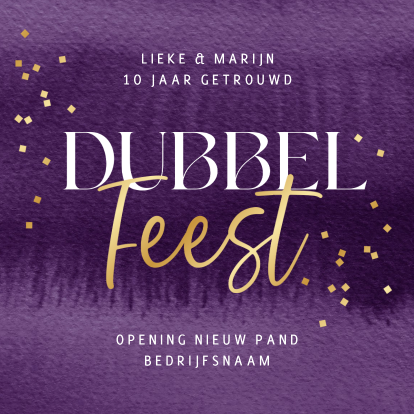 Uitnodiging dubbel feest jubileum goud bedrijf opening paars - Uitnodigingen Uitnodigingen - Uitnodiging dubbel feest jubileum goud bedrijf opening paars