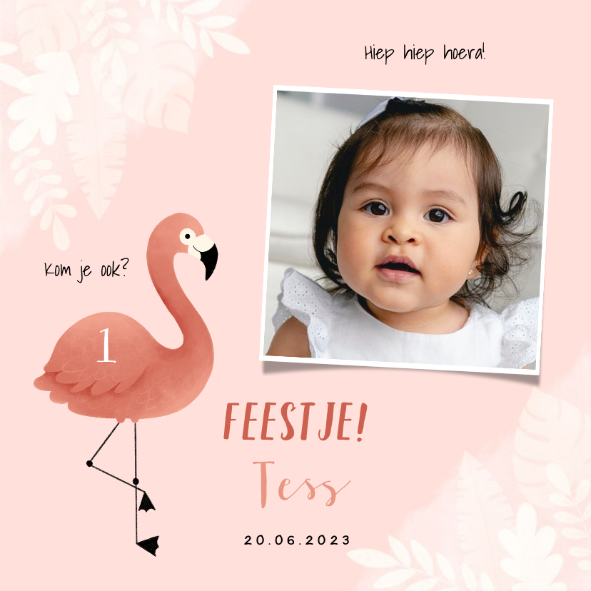 Uitnodigingen -  Uitnodiging eerste verjaardag meisje flamingo jungle & foto