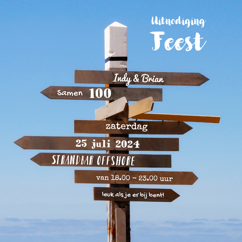 Uitnodiging feest wegwijzer blauwe lucht - Uitnodigingen Uitnodigingen - Uitnodiging feest wegwijzer blauwe lucht