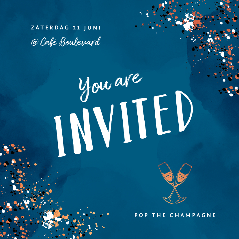 Uitnodigingen - Uitnodiging feestje borrel pop the champagne met spetters