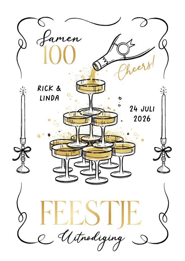Uitnodigingen - Uitnodiging feestje champagne toren doodle etentje samen 100