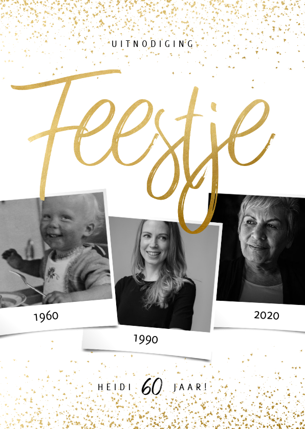 Uitnodiging feestje goud fotocollage met confetti - Uitnodigingen Uitnodigingen - Uitnodiging feestje goud fotocollage met confetti
