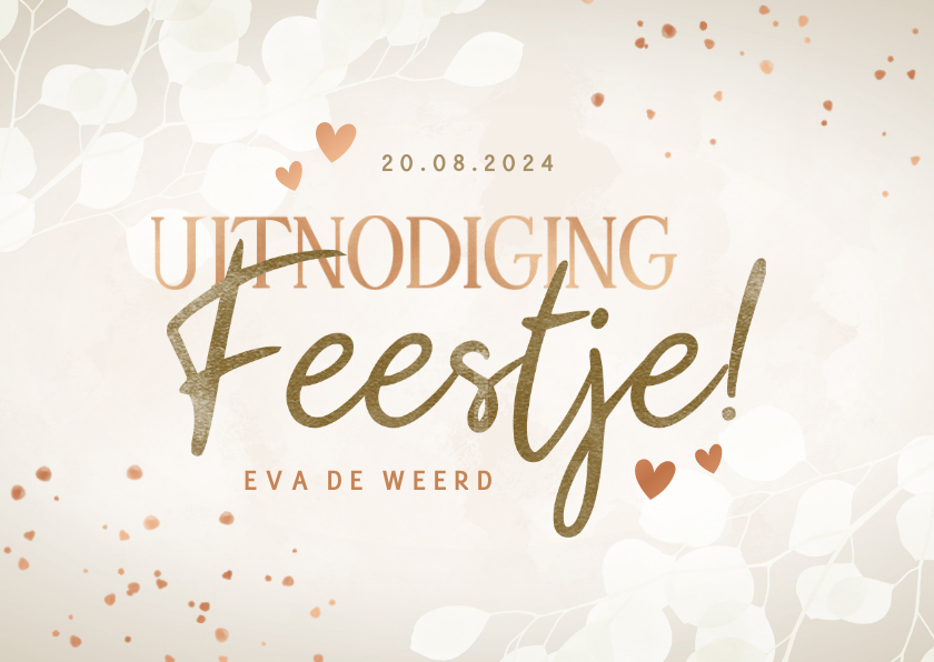 Uitnodigingen - Uitnodiging feestje met eucalyptus hartjes koperlook