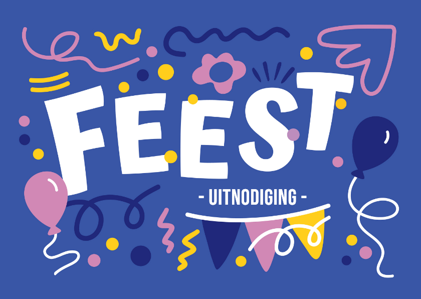 Uitnodiging feestje paars met ballonnen en confetti - Uitnodigingen Uitnodigingen - Uitnodiging feestje paars met ballonnen en confetti