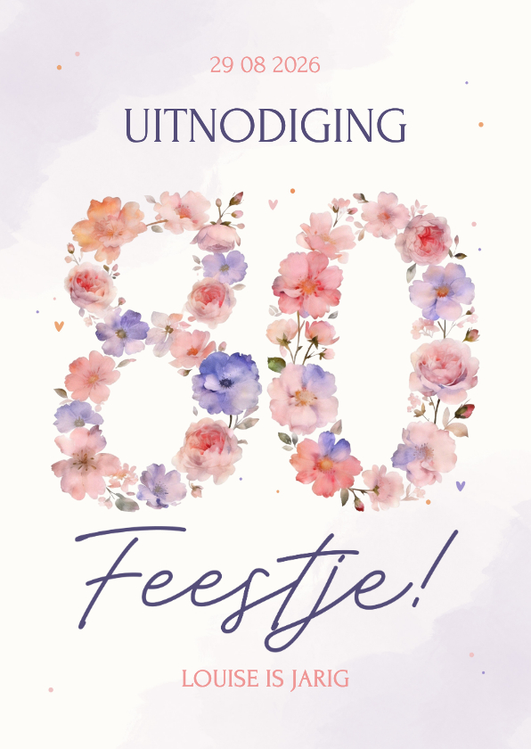 Uitnodigingen - Uitnodiging feestje verjaardag 80 in paars en roze bloemen