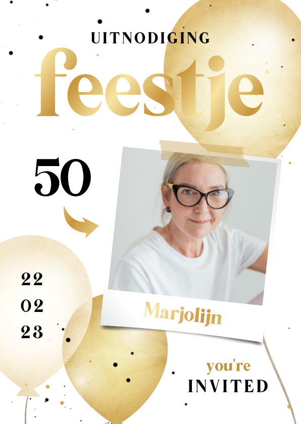 Uitnodigingen - Uitnodiging feestje zwart wit goud met ballonnen