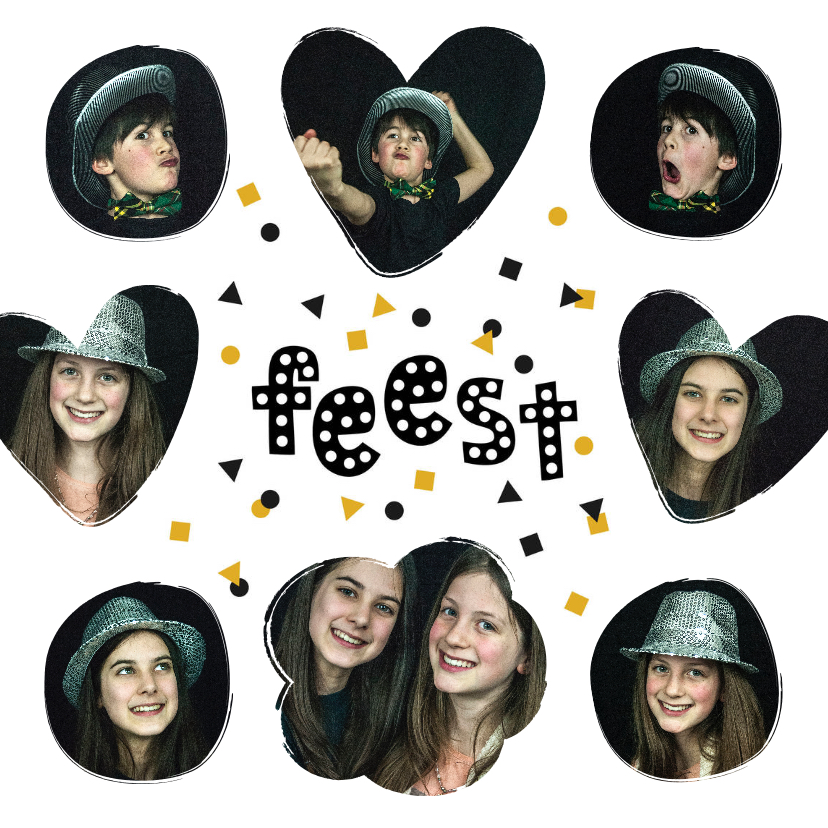 Uitnodiging fotocollage feest confetti zwart goud - Uitnodigingen Uitnodigingen - Uitnodiging fotocollage feest confetti zwart goud