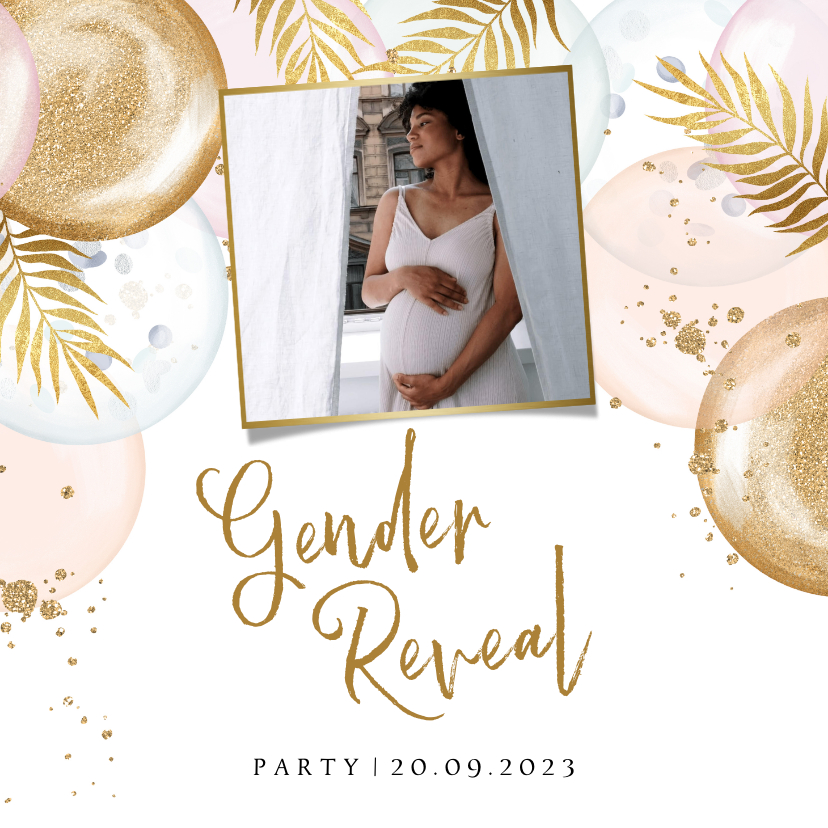 Uitnodigingen - Uitnodiging gender reveal party met ballonnen en goud