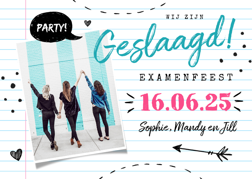 Uitnodigingen - Uitnodiging geslaagd examenfeest schrift doodle