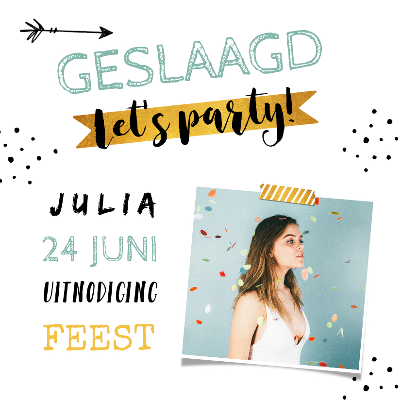 Uitnodigingen - Uitnodiging geslaagd hip confetti goud foto 