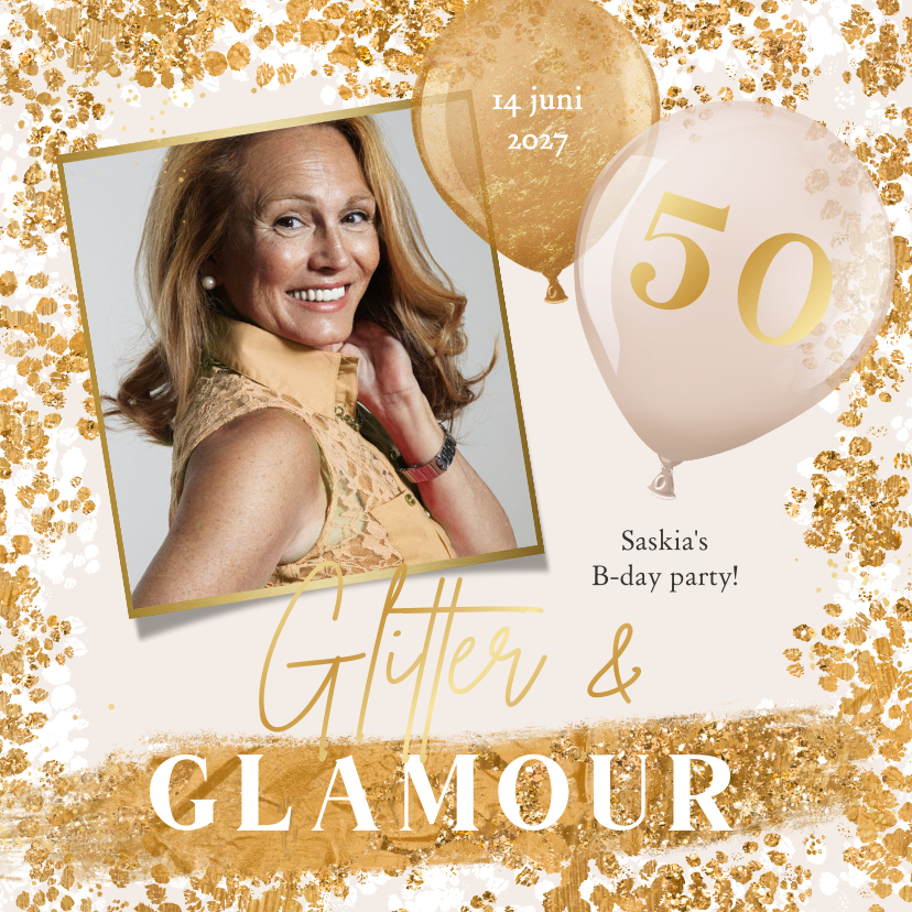 Uitnodigingen - Uitnodiging glitter and glamour themafeestje ballonnen foto