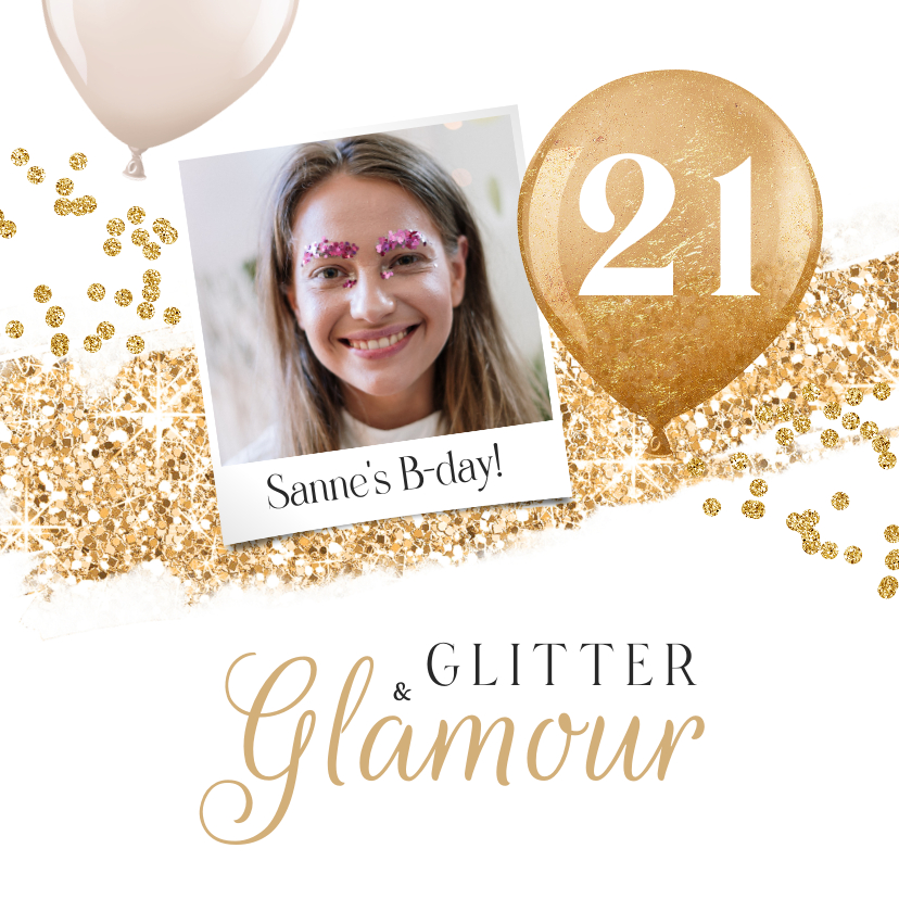 Uitnodigingen - Uitnodiging glitter glamour goud foto ballonnen thema