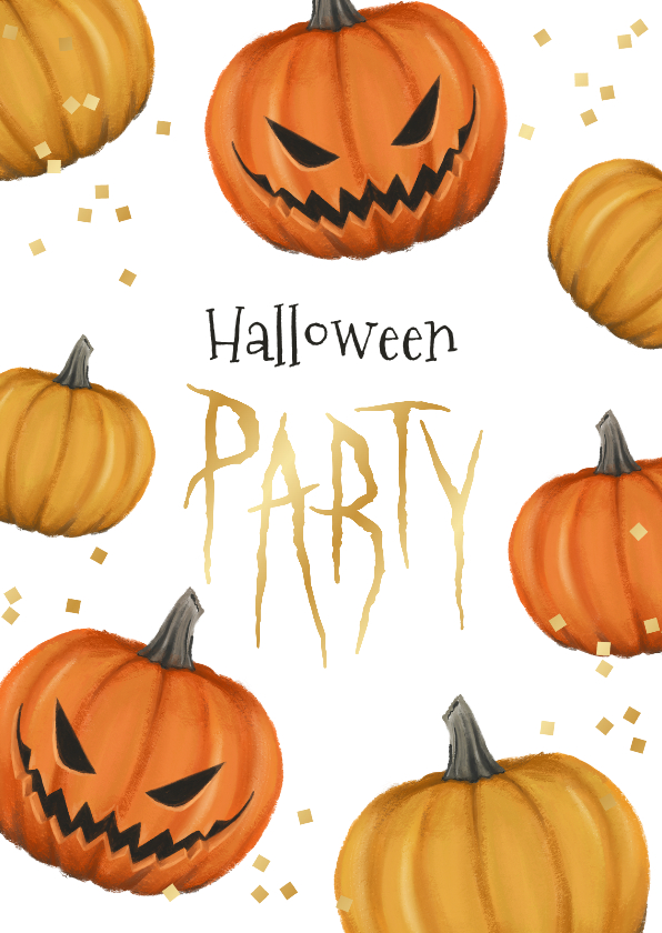 Uitnodigingen - Uitnodiging halloweenfeest pompoenen confetti goud