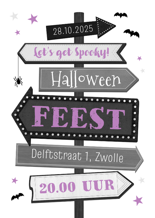 Uitnodigingen - Uitnodiging Halloweenfeest wegwijzers vleermuizen spin