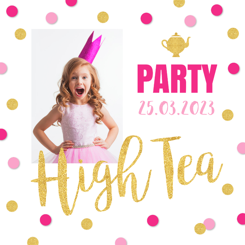 Uitnodiging High Tea confetti goud roze - Uitnodigingen Uitnodigingen - Uitnodiging High Tea confetti goud roze