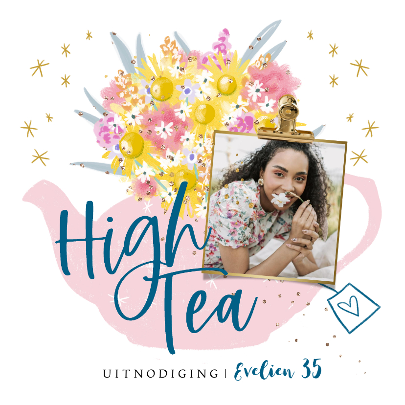 Uitnodigingen - Uitnodiging high tea illustratie theepot boeket foto sterren