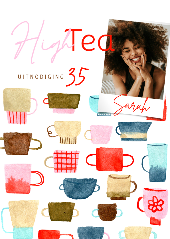 Uitnodigingen - Uitnodiging high tea kopjes thee kleurrijk en foto