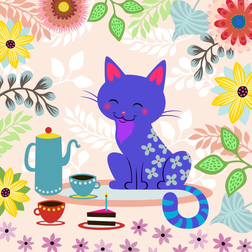 Uitnodigingen - Uitnodiging High Tea met vrolijke kat en bloemen