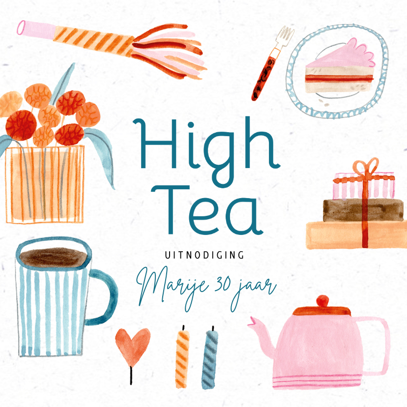 Uitnodigingen - Uitnodiging high tea vrolijke roze illustraties