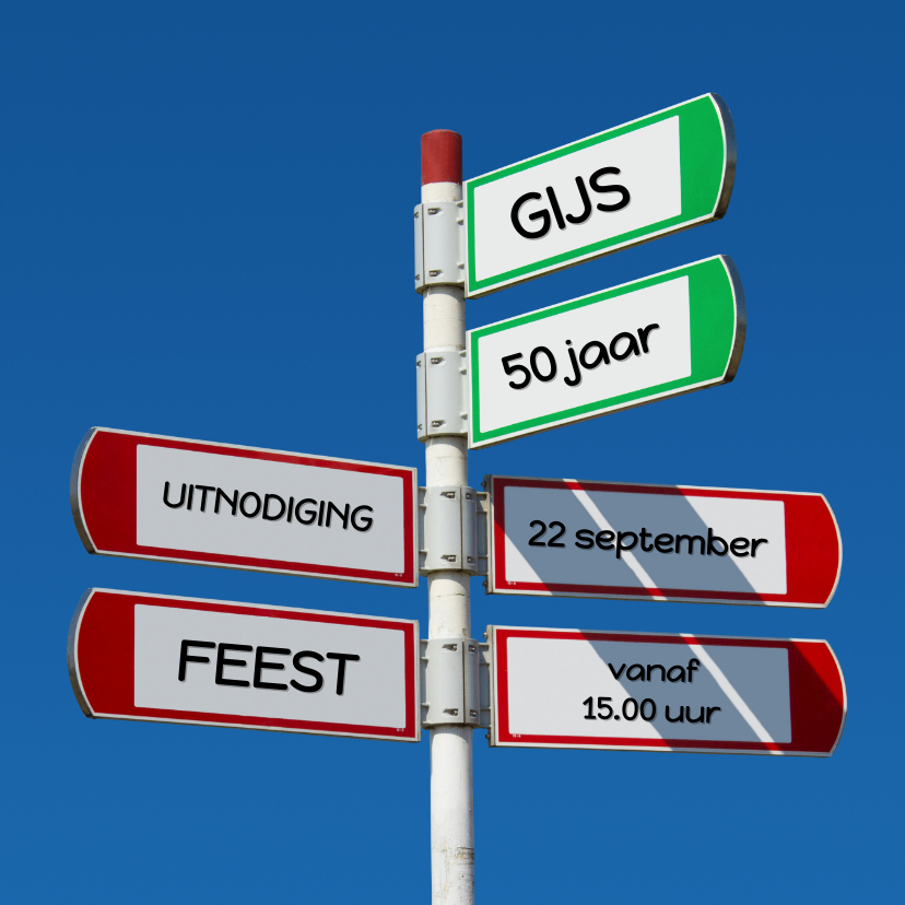 Uitnodiging hippe Wegwijzer 4 verkeersbord - Uitnodigingen Uitnodigingen - Uitnodiging hippe Wegwijzer 4 verkeersbord