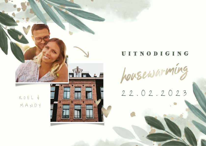 Uitnodigingen - Uitnodiging housewarming botanisch met gouden hartjes